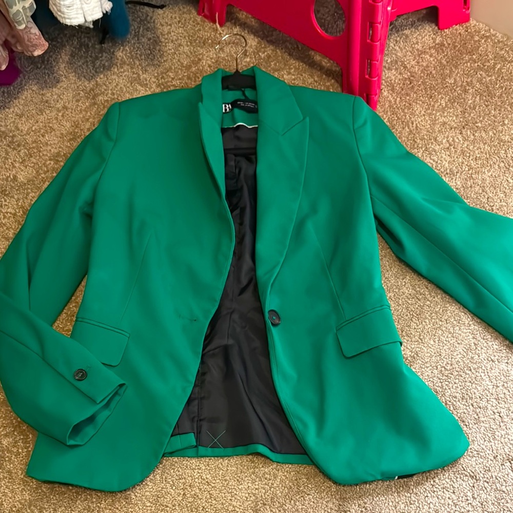 Zara Green Blazer Structured Suit Jacket